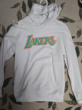 Mitchell & Ness White Lakers Hoodie with Teal and Pink Logo